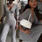 Sexy Flare Jumpsuit Women Long Sleeve V-Neck Single-Breasted Solid Sporty Commute Stretchy Skinny Elegant Overalls