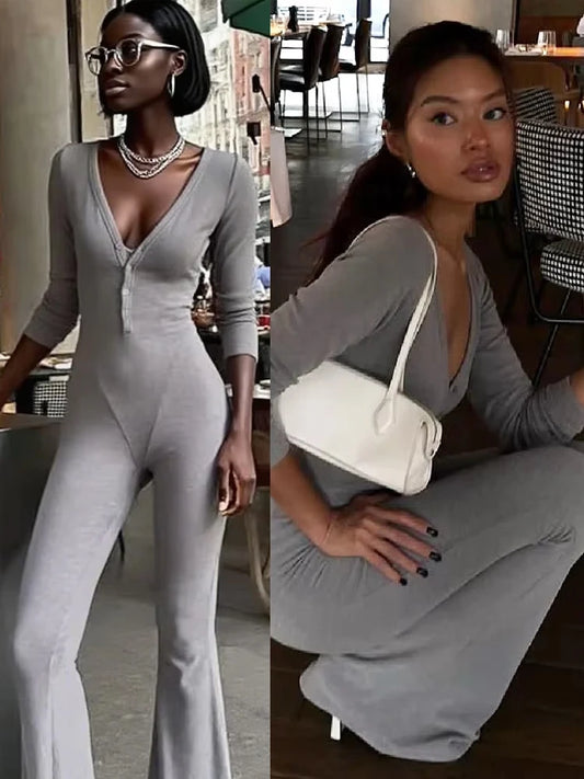 Sexy Flare Jumpsuit Women Long Sleeve V-Neck Single-Breasted Solid Sporty Commute Stretchy Skinny Elegant Overalls