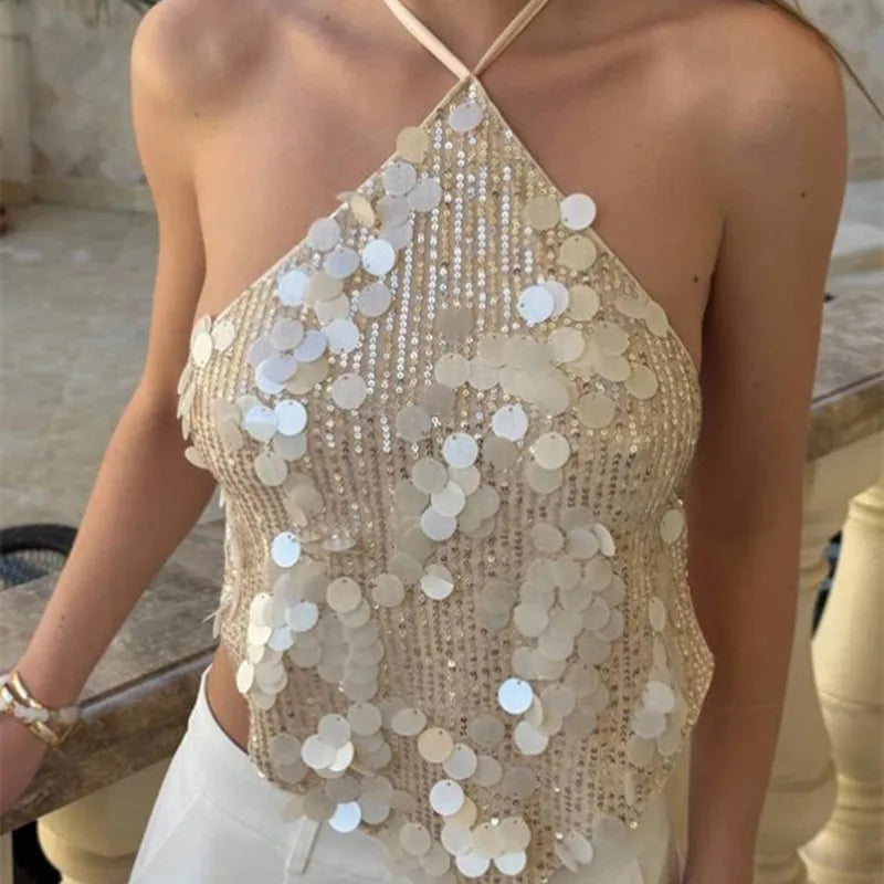 Women Sequin Halter Top Solid Color Backless Tie Up Crop Top Handkerchief Hem Sparkly Club Party Summer Cami Blouse