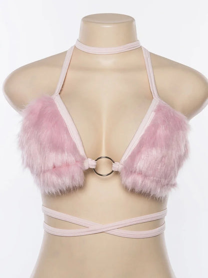 Fuzzy Pink Faux Fur Sexy Bralette Crop Top Rave Festival Halter Backless Bandage Summer Tops for Women