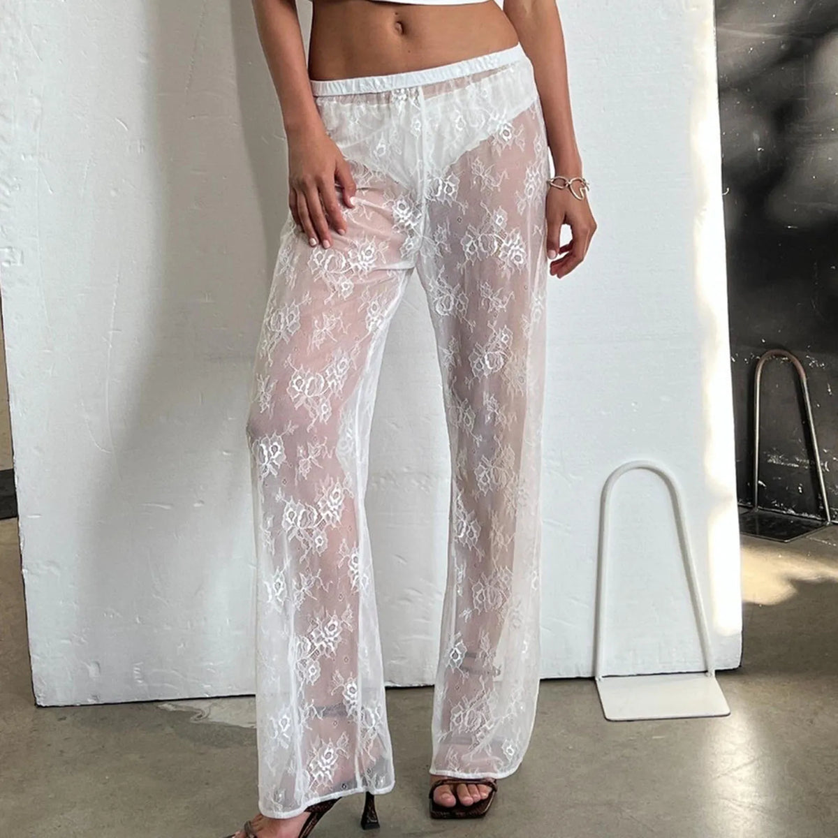 Lace Bell Bottom Pants for Women Sexy See Through Flare Leggings Hollow Out Mesh Sheer Cover Up Trousers Party Club