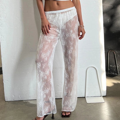 Lace Bell Bottom Pants for Women Sexy See Through Flare Leggings Hollow Out Mesh Sheer Cover Up Trousers Party Club