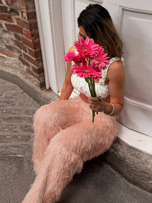 Plush Tassels Pants Women Elastic High Waist Unique Straight Casual Autumn Trend Street Wild Hottie Chic Street Bottoms