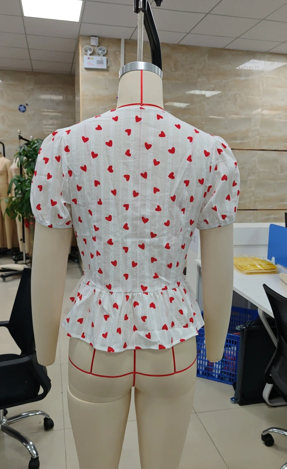 Women Tie Front Hollow T Shirt Valentine's Day Summer Blouse Slim Heart Print Short Sleeve Round Neck Ruffled Hem Tops
