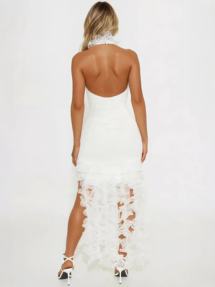 Sexy Deep V-Neck Dress Women Halter Backless Irregular Mesh Ruffles Tassel Patchwork Hem Birthday Party Solid Bodycon