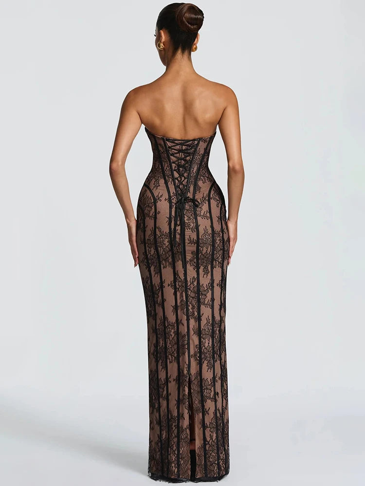 Lace Strapless Mermaid Maxi Dress Women Sweetheart Neck Sheer Mesh Bodycon Long Gown Evening Party Cocktail Vestidos