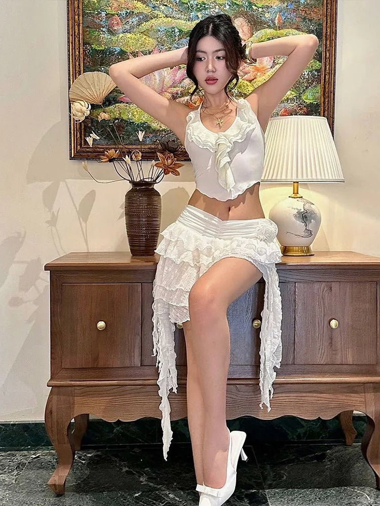 Summer 2 Piece Set Women Y2K Trend Chic Lace-Up Low-Neck Tierred Lace Collarmini Tops+Tassel Skirt Irregular Hem Suit