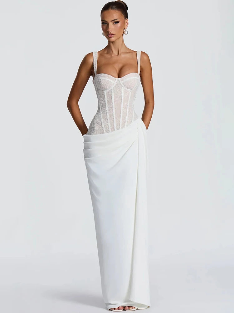 Lace Corset Sexy Maxi Dress Women Elegant Spaghetti Strap Draped Ruched Mermaid Long Wedding Guest Evening Formal Gown