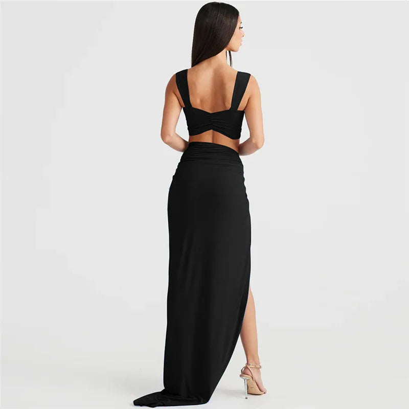 Sexy 2 Piece Set Skirt and Top Beach Vacation Outfits Woman 2024 Summer High Slit Maxi Dress Suits Blue Black