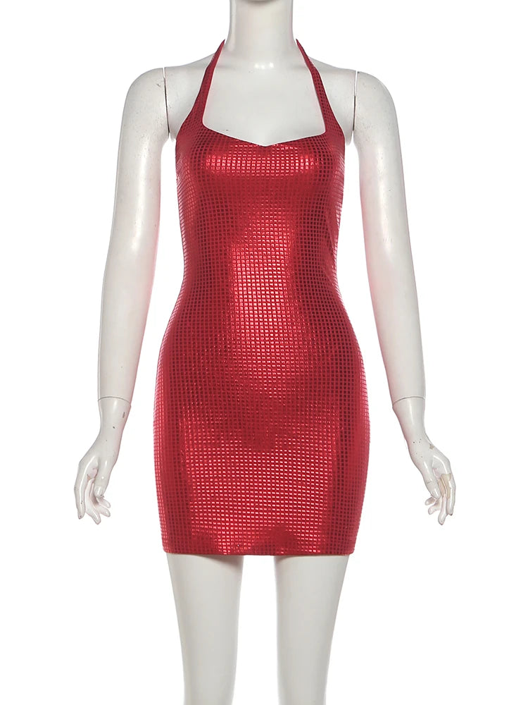 Plaid Print Dress Women Halterlow-Neck Sleeveless Backless Sexy Skinny Hottie Wild Party Midnight Fashion Mini Bodycon