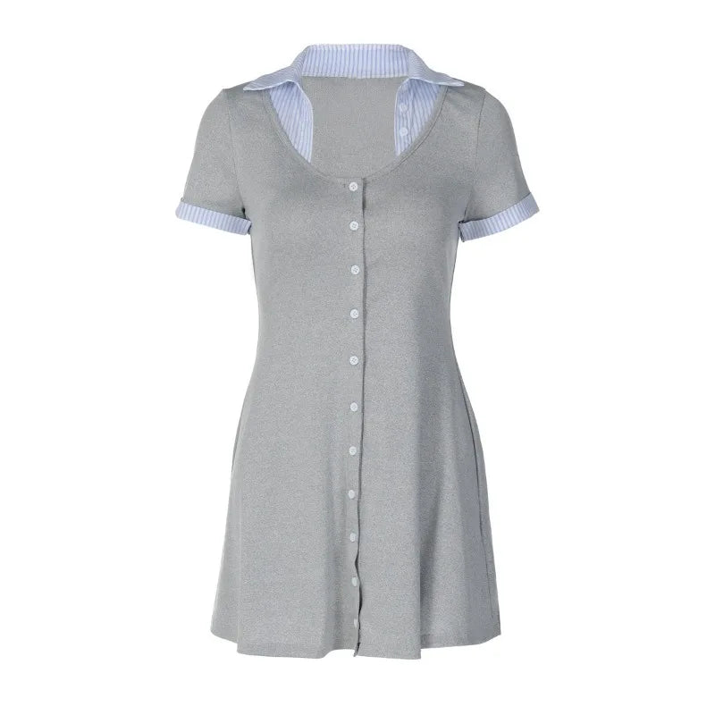Fashion Patchwork Button Up Short Sleeve Shirt Dress Woman Clothes Office Casual White Black Grey Mini Dress