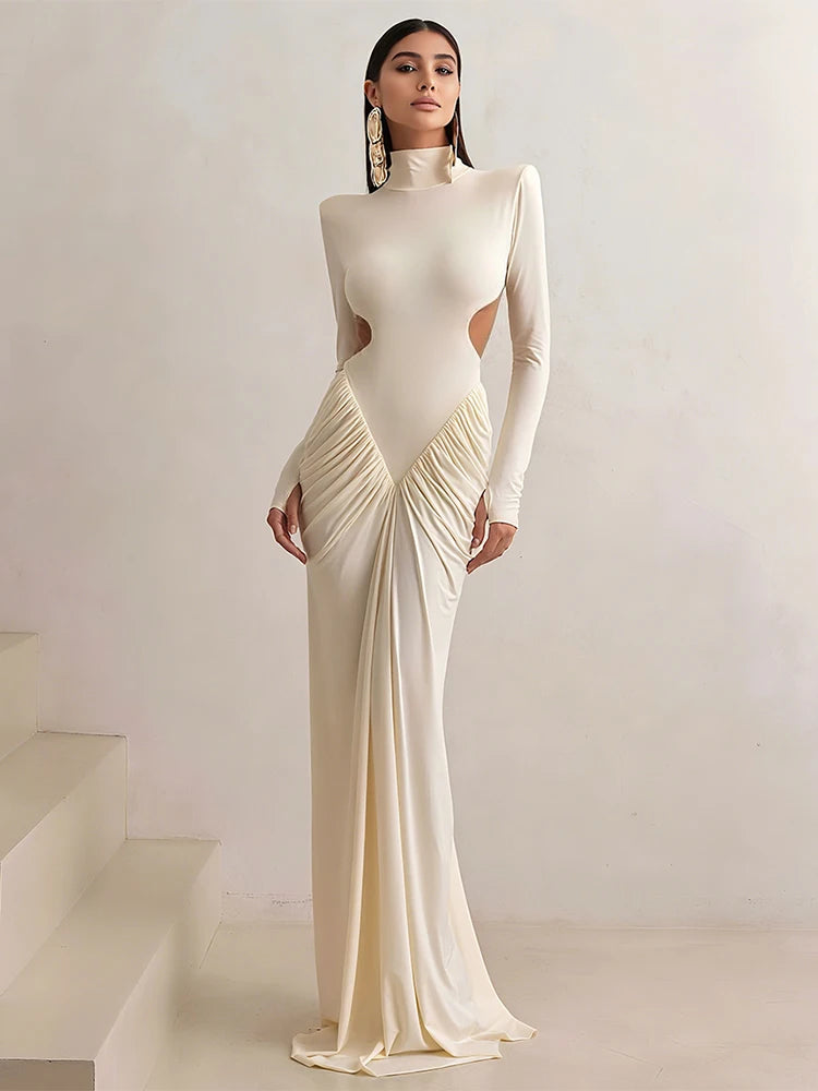 Backless Maxi Dress Women Shoulder Pads Long Sleeve Waistless Peach Buttocks Ruched Elegant Banquet Skinny Vestidos