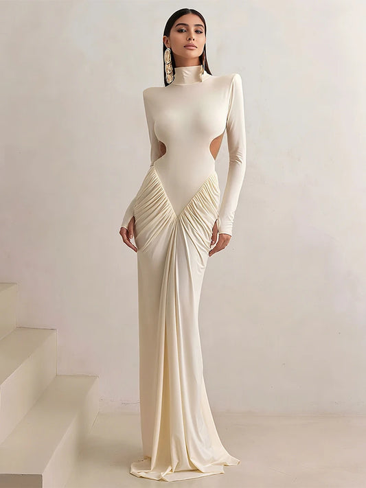 Backless Maxi Dress Women Shoulder Pads Long Sleeve Waistless Peach Buttocks Ruched Elegant Banquet Skinny Vestidos