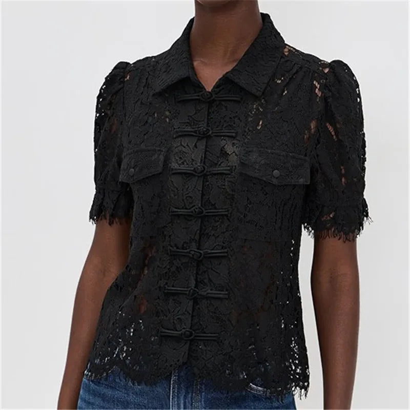 Vintage Floral Lace Blouse For Women Mandarin Collar Frog Button Puff Sleeve Sheer Hollow Out Shirt Solid Summer Party