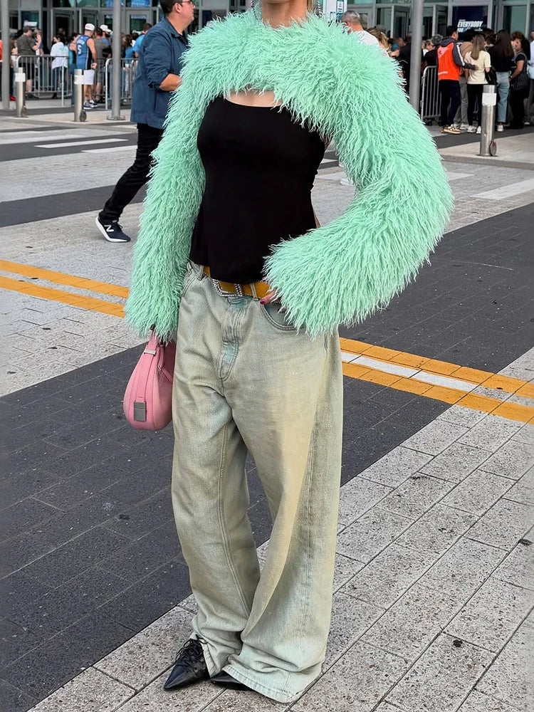 Fashion Furs Crop Tops Women Sexy Hottie O-Neck Full Sleeve Elegant Street Party Clubwear Autumn Simple Chic Outfits