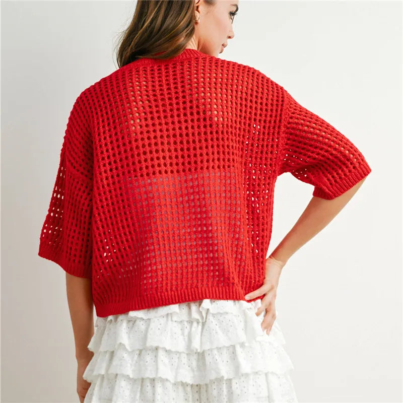 Women's Short Sleeve Crochet Knit Sweater Round Neck American Flag Graphic Pullover Loose Fit Summer Knitwear