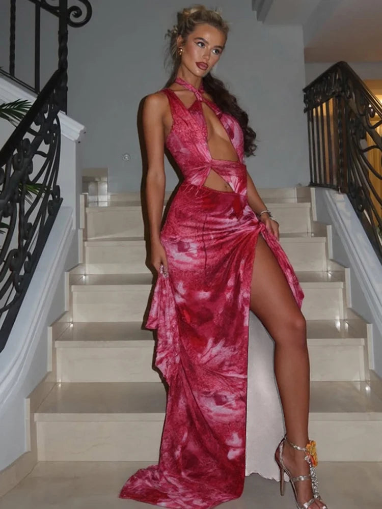 Flower Print Dress Women Backless Waistless Cross Lace-Up Halter Side Slit Patchwork Midnight Clubwear Party Vestidos