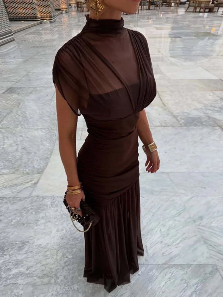 Mesh Sleeveless Sexy Maxi Dress Women Gown Elegant Half High Collar High Waist Bodycon Ruched Club Party Long Dresses