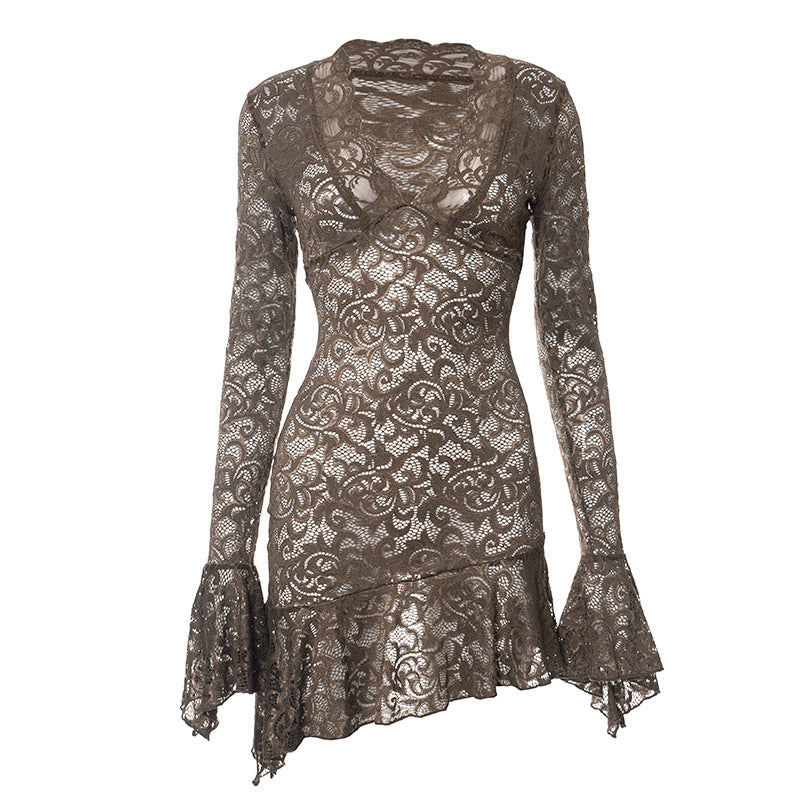 Sexy See Through Lace Dress Y2k Club Outfit for Woman Flare Long Sleeve Deep V Ruffle Short Dresses Black