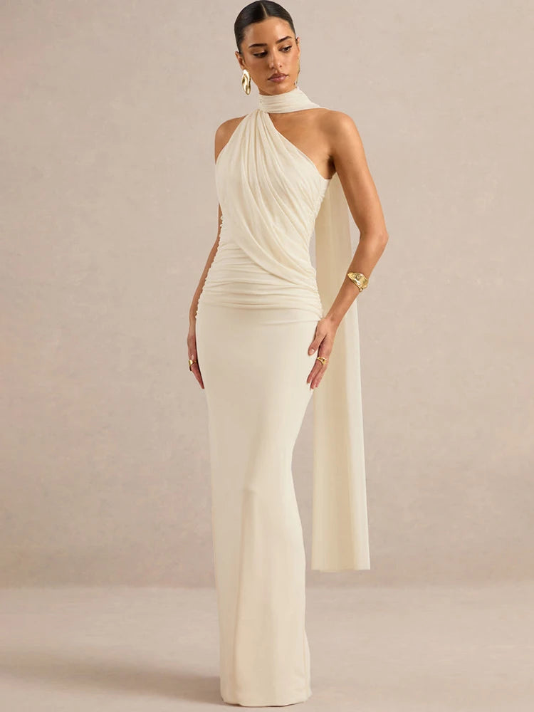 Women Halter Neck Draped Ruched Maxi Dress Sleeveless Backless Split Bodycon Evening Elegant Wedding Party Long Dress