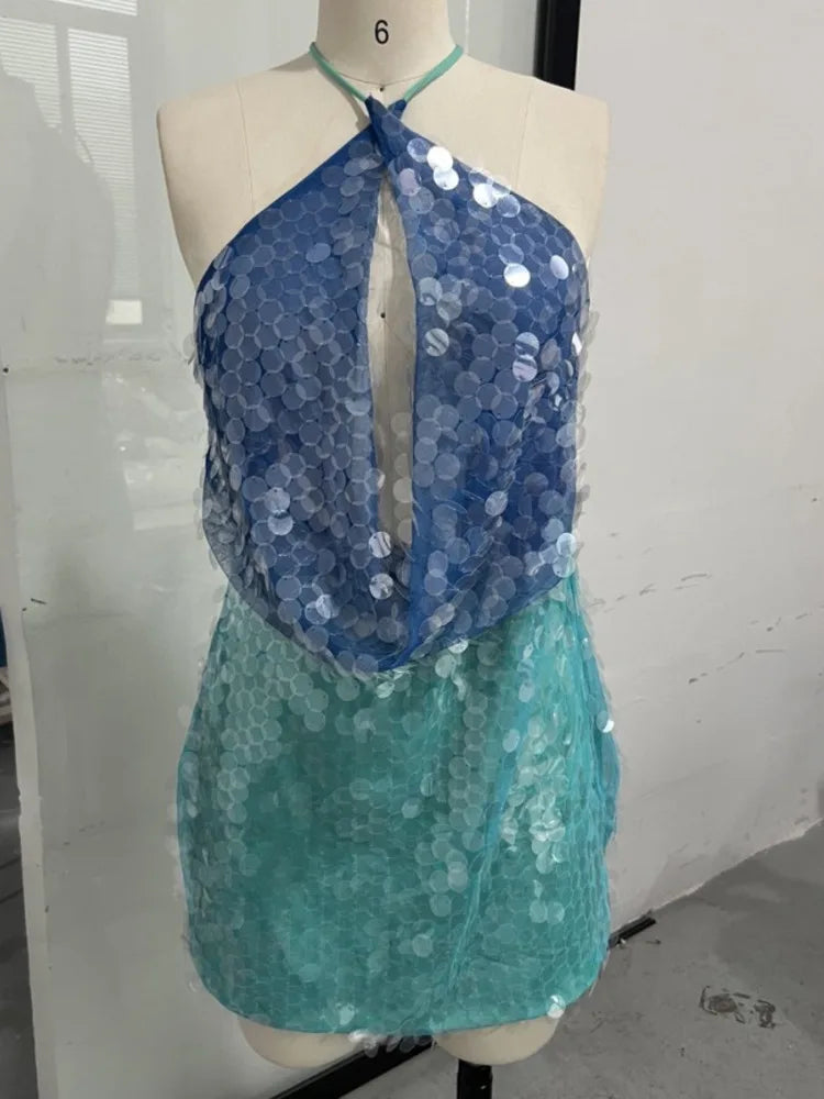 Sequins Sexy Mini Dress Women Fashion Patchwork Hollow Out Halter Sleeveless Backless High Waist Beach Holiday Dress