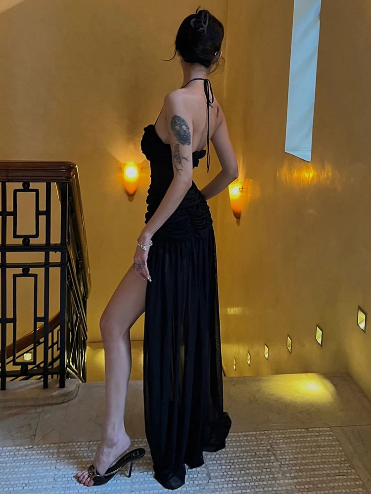 Halter Bandage Dress Women Patchwork Mesh Hem High Split Folds  Backless Sleeveless Elegant Banquet Party Vestidos