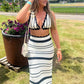 Knit Women 2 Piece Set Summer Trend Crochet Stripe v-Neck Bandage Camisole+Skirts Matching Stretch Elegant Clubwear