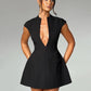 Black Sleeveless Sexy Mini Dress For Women Fashion Zipper Deep V Neck Two Pocket A-line Night Club Party Dress Elegant