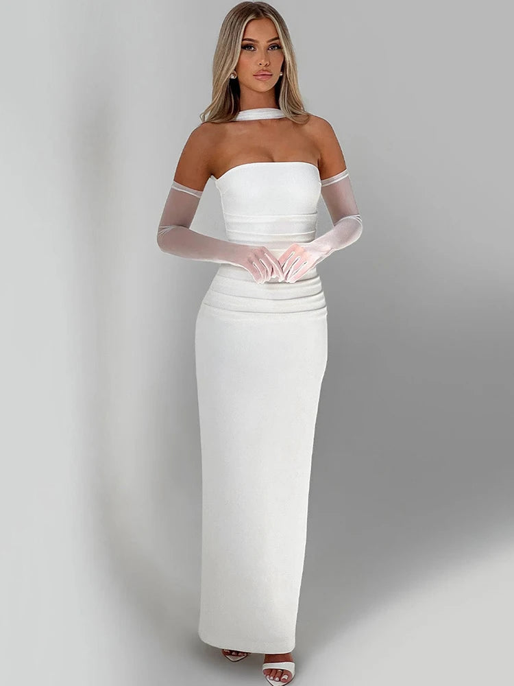 Scarf Collar Strapless Sexy Maxi Dress For Women Fashion Off-shoulder Backless Bodycon Club Party Long Dress Elegant