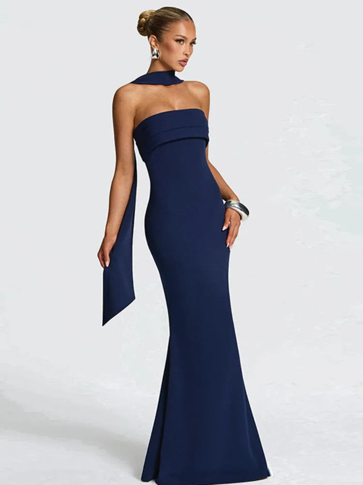 Off-shoulder Strapless Sexy Maxi Dress Women Gown Scarf Collar Sleeveless Backless Bodycon Club Party Evening Dresses