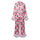 Cute Christmas Women Silky Satin Pajama Set Feather Trim Cuff Long Sleeve Lapel Top Long Pants Xmas Print Sleepwear