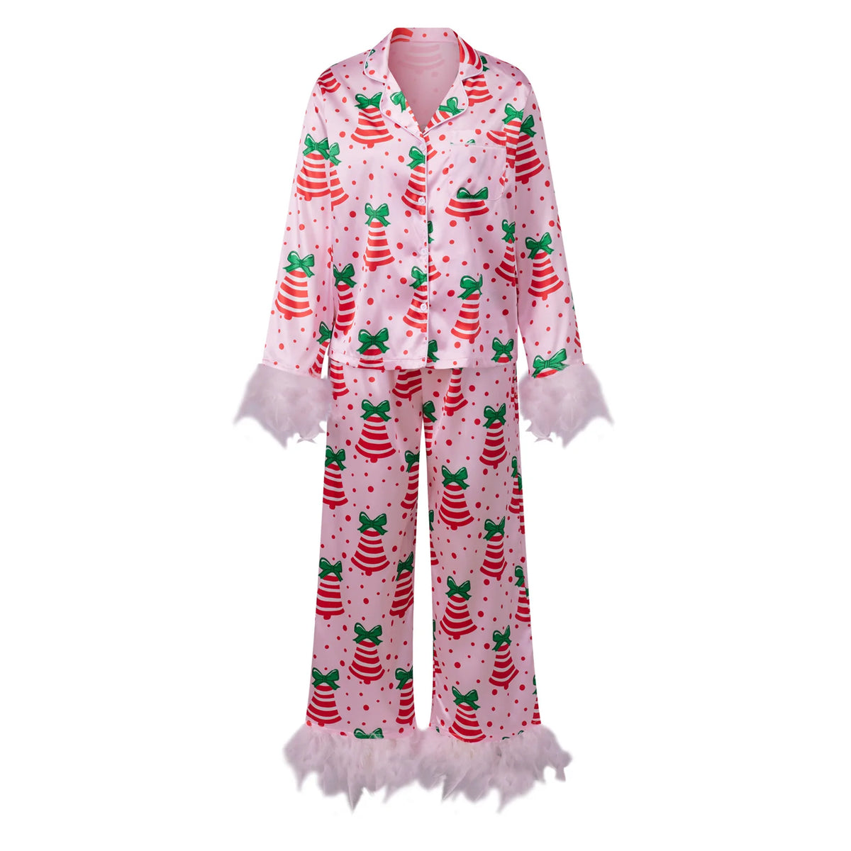 Cute Christmas Women Silky Satin Pajama Set Feather Trim Cuff Long Sleeve Lapel Top Long Pants Xmas Print Sleepwear
