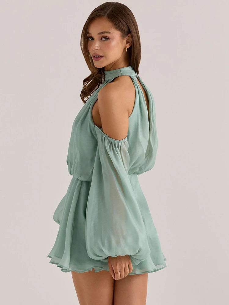 Women Halter Off Shoulder Mini Dress Puff Long Sleeve Chiffon Loose A Line Short Dress Wedding Guest Party Club Outfit