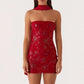 Fashion Women Summer Sequin Mini Bandeau Dress Sleeveless Off Shoulder Flower Embroidery Tube Top Dress with Scarf