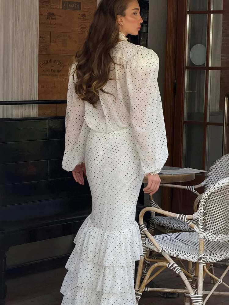 Polka Dot Print Mesh 2 Piece Set Women Trend Cross V-Neck Full Sleeve Tops+Ruffled Patchwork Skirt Elegant Party Suit