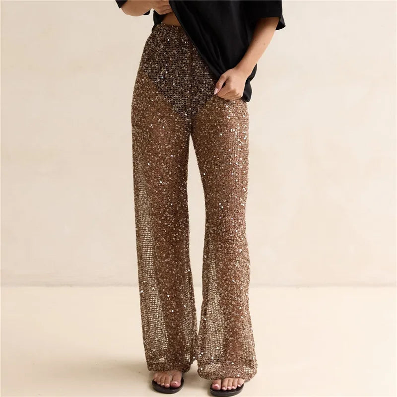 Sequin Mesh Wide Leg Pants Women High Waist See Through Sheer Elastic Waist Beachwear Trousers For Summer Vacation
