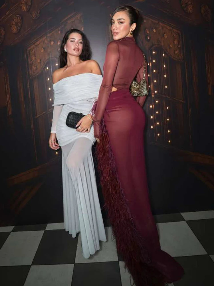 Slim See Through 2 Piece Set Woman Turtleneck Full Sleeve Bodysuits+Furry Patchwork High Splits Skirts Sexy Mesh Outfits