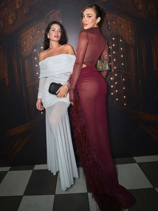 Slim See Through 2 Piece Set Woman Turtleneck Full Sleeve Bodysuits+Furry Patchwork High Splits Skirts Sexy Mesh Outfits