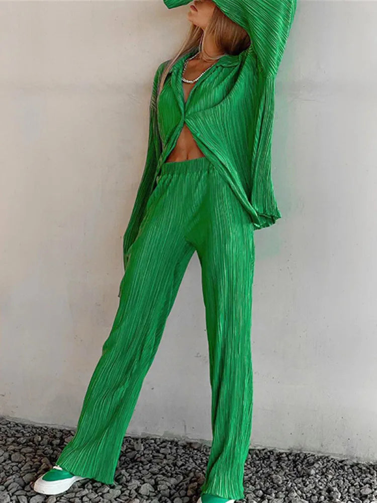 Pleated Loungewear Set Woman 2 Pieces Summer Long Sleeve Button Shirt Trousers Casual Women's Workout Clothing Outfits