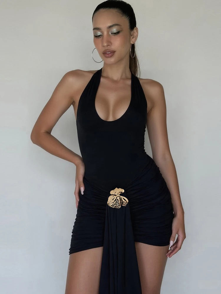 Metal Ribbon Dress Women Y2K Elegant Summer Halter Bandage Folds Peach Buttocks Backless Skinny Sexy Midnight Bodycon