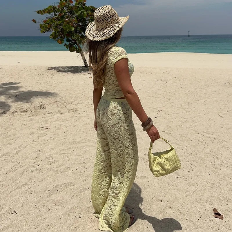Two Piece Set Yellow Sheer Lace Co-Ord Cropped Top and Wide Leg Pants Summer Vacation Outfits Women 2026