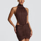 Halter High Neck Sexy Mini Dress Women Elegant Draped Ruched Waist Cutout Bodycon Cocktail Club Party Dress Fashion