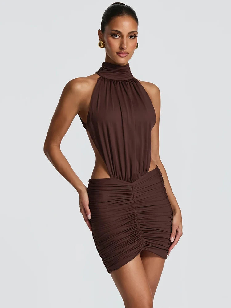 Halter High Neck Sexy Mini Dress Women Elegant Draped Ruched Waist Cutout Bodycon Cocktail Club Party Dress Fashion