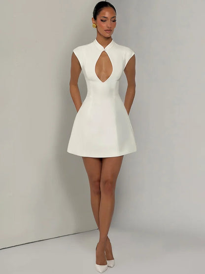Women Cap Sleeve Sexy Mini Dress Stand Collar Cutout Front Lace Up Back Flared Dress A Line Party Cocktail Short Dress