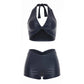 Faux Leather 2-Piece Set Women Halter v-Neck Knot Backless Vest+Simple Peach Butt Short Sexy Midnight Hottie Suit