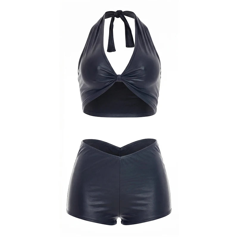 Faux Leather 2-Piece Set Women Halter v-Neck Knot Backless Vest+Simple Peach Butt Short Sexy Midnight Hottie Suit