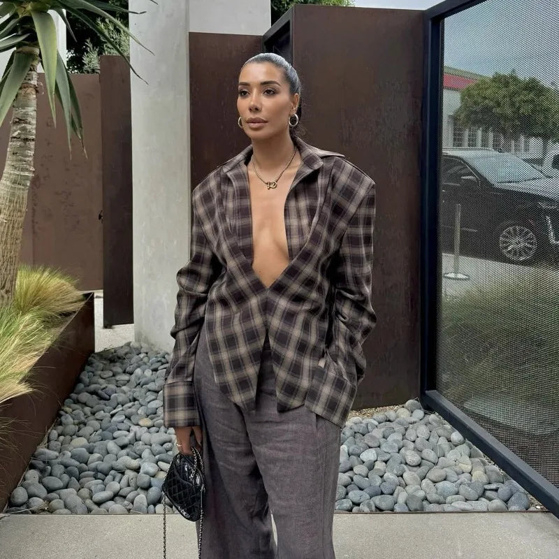 Womens Long Sleeve Shirts Vintage Plaid Print Deep V Neck Loose Blouse for Woman Clothes Fall Tops