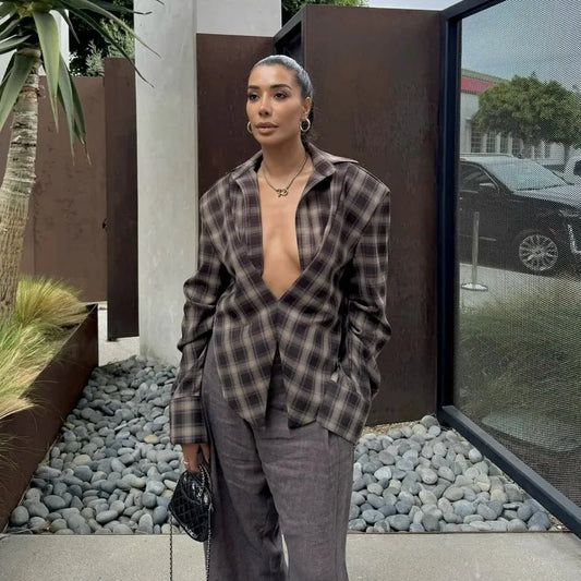 Womens Long Sleeve Shirts Vintage Plaid Print Deep V Neck Loose Blouse for Woman Clothes Fall Tops