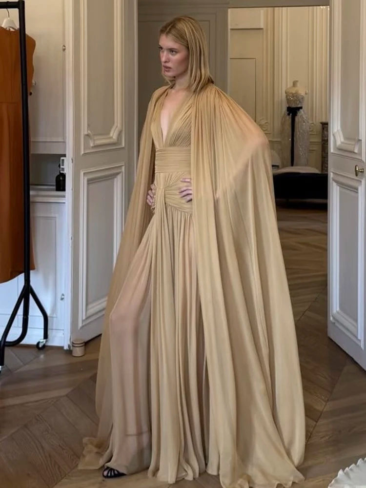 Fashion Elegant Maxi Dress Women Folds Mesh Cloak See Through Hem v-Neck Tassel Wedding Party Summer Trend Chic Vestidos