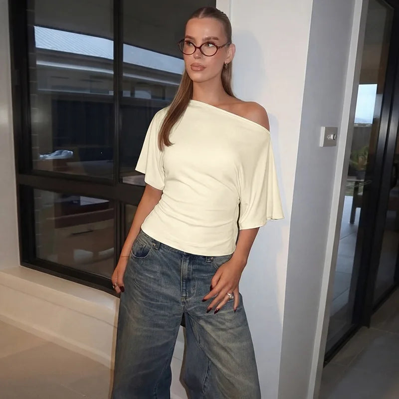 Tie Back Short Sleeve Off Shoulder Tops Casual Loose Tshirt Woman Clothes